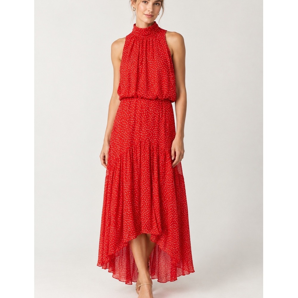 Taylor Orange Polka Dot Mock Neck High Low Maxi Dress Size 12 Sleeveless Chiffon